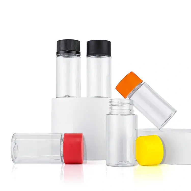 Custom desgin 35mm*81mm 5 pack pre packaging jar smell proof transparent PET bottle color child resistant lid plastic bottle