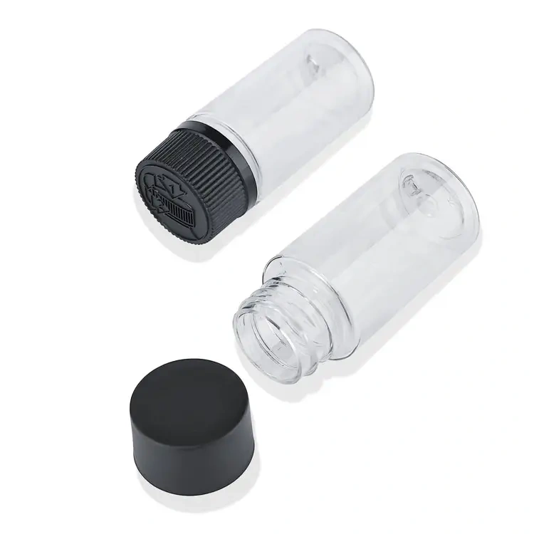 Wholesale custom logo 40ml clear child resistant lid plastic bottle smell proof bottle for flower packaging