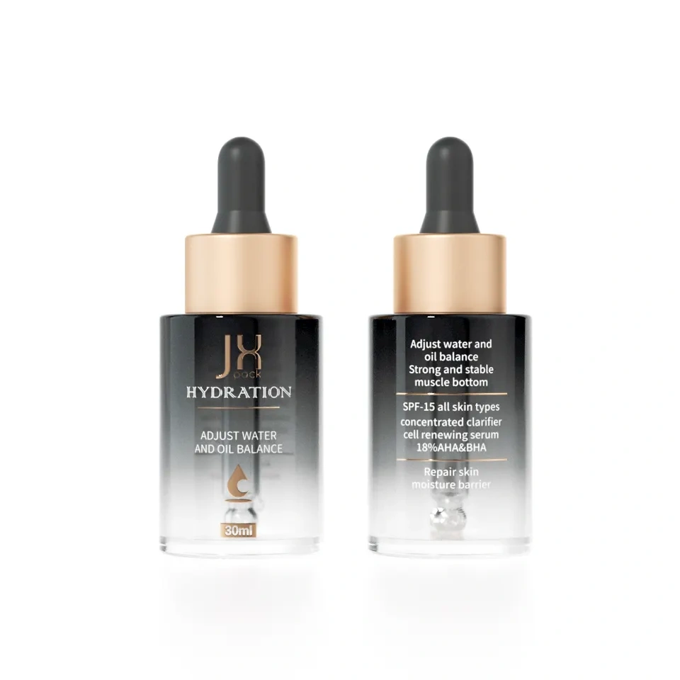 Luxury Cosmetic Packaging Round Skin Care Serum Dropper Bottle 50 Ml 30 Ml Gradient Black 2 oz Glass Bottle With Dropper