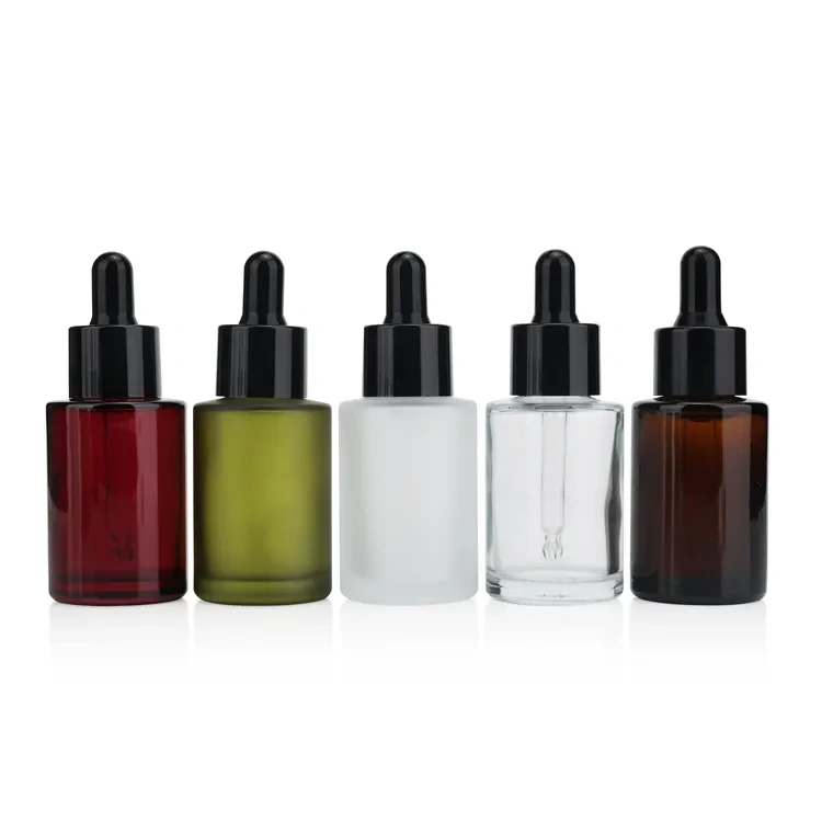 White amber clear green brown flat shoulder essential oil bottles glass bottle with silver black white rubber dropper