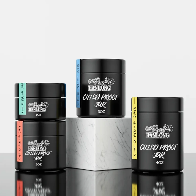 High quality custom design 1oz 2oz 3oz 4oz child resistant glass container dry flower glass jars with black CRC cap