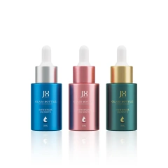 Custom Cosmetic Skin Care Bottle Packaging Colored Flat Shoulder Round 30ml Glass Essential Oil Bottle 1oz Dropper Bottles