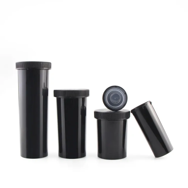 Wholesale child proof dry flower pop top vial container squeeze pharmacy pill bottle screw cap plastic bottle