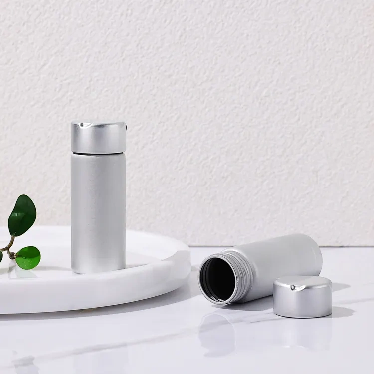 High quality eco friendly recyclable Essential Oil Aluminum Round Side Bottles matte sliver Aluminum bottle with screw lid