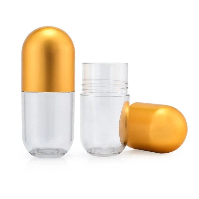 55ml Pill shaped capsule plastic bottle food gradr apothecary bottle child resistant Golden lid plastic bottles
