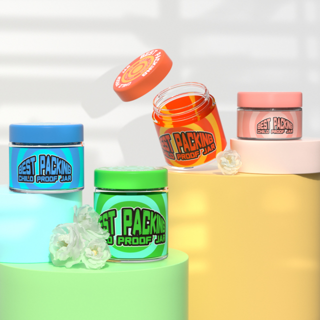 Marijuana jars Jar Empty Clear Round Flower Containers Childproof Child Resistant Glass Jar with Cr Cap for cannabis flower jar