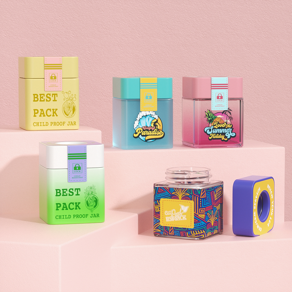 1g 3.5g Flower Cube Square cannabis flower Glass Jars pop vac jar with Lid glass jar cosmetic packaging
