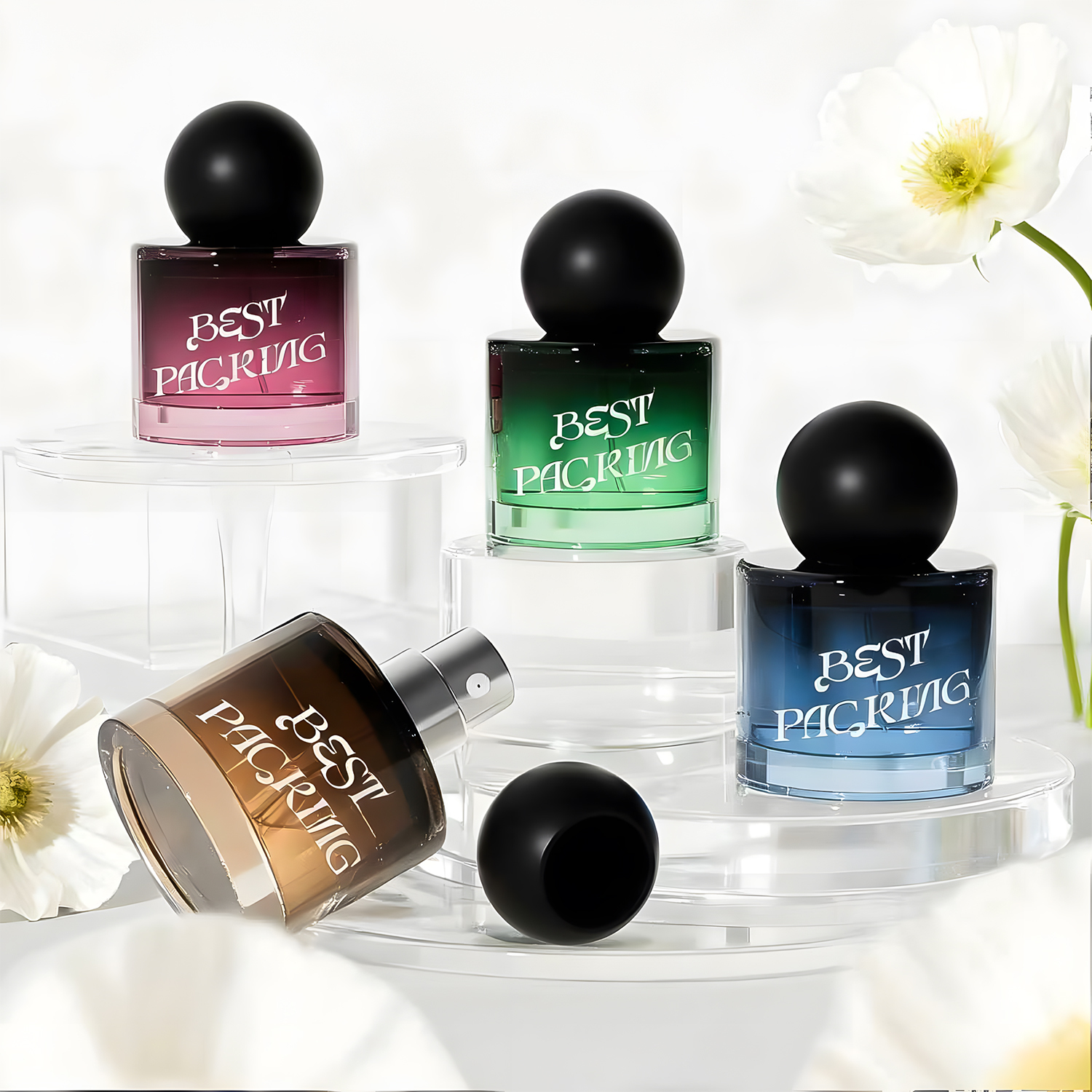 A pure fragrance container that is transparent and visible