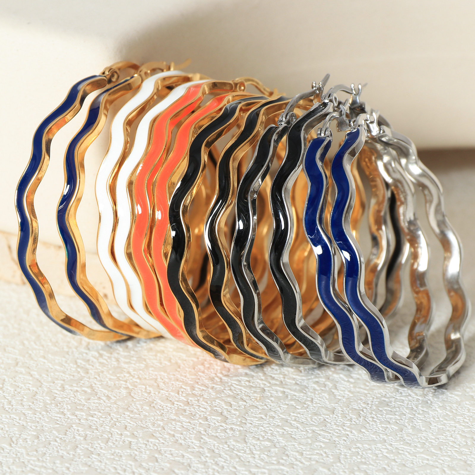 Wavy Stainless Steel Enamel Hoop Earrings