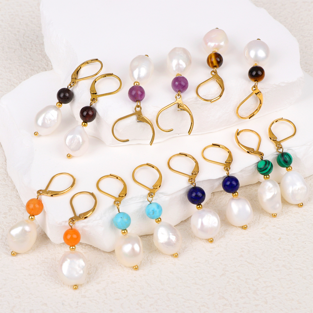 18K Gold Plated Stainless Steel Baroque Pearl & Natural Stone Earrings