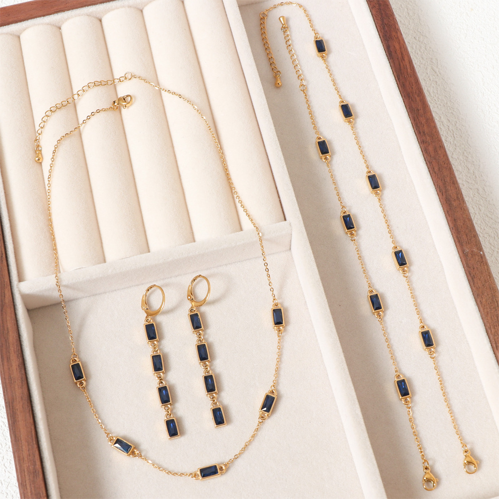 18K Gold Plated Rectangle Navy Blue Cubic Zirconia Jewelry Set