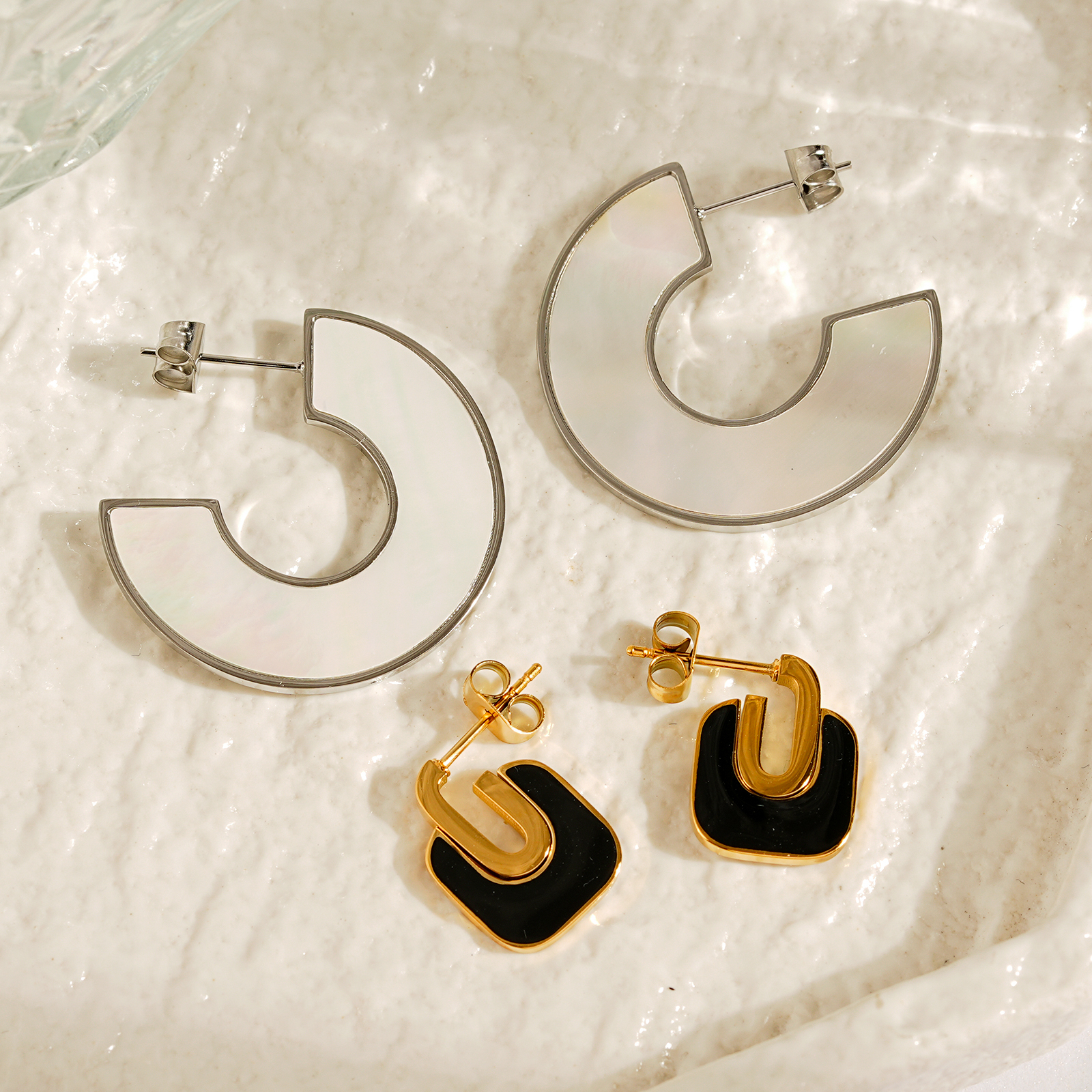 Minimalist Geometric Earrings with White Shell or Enamel Design