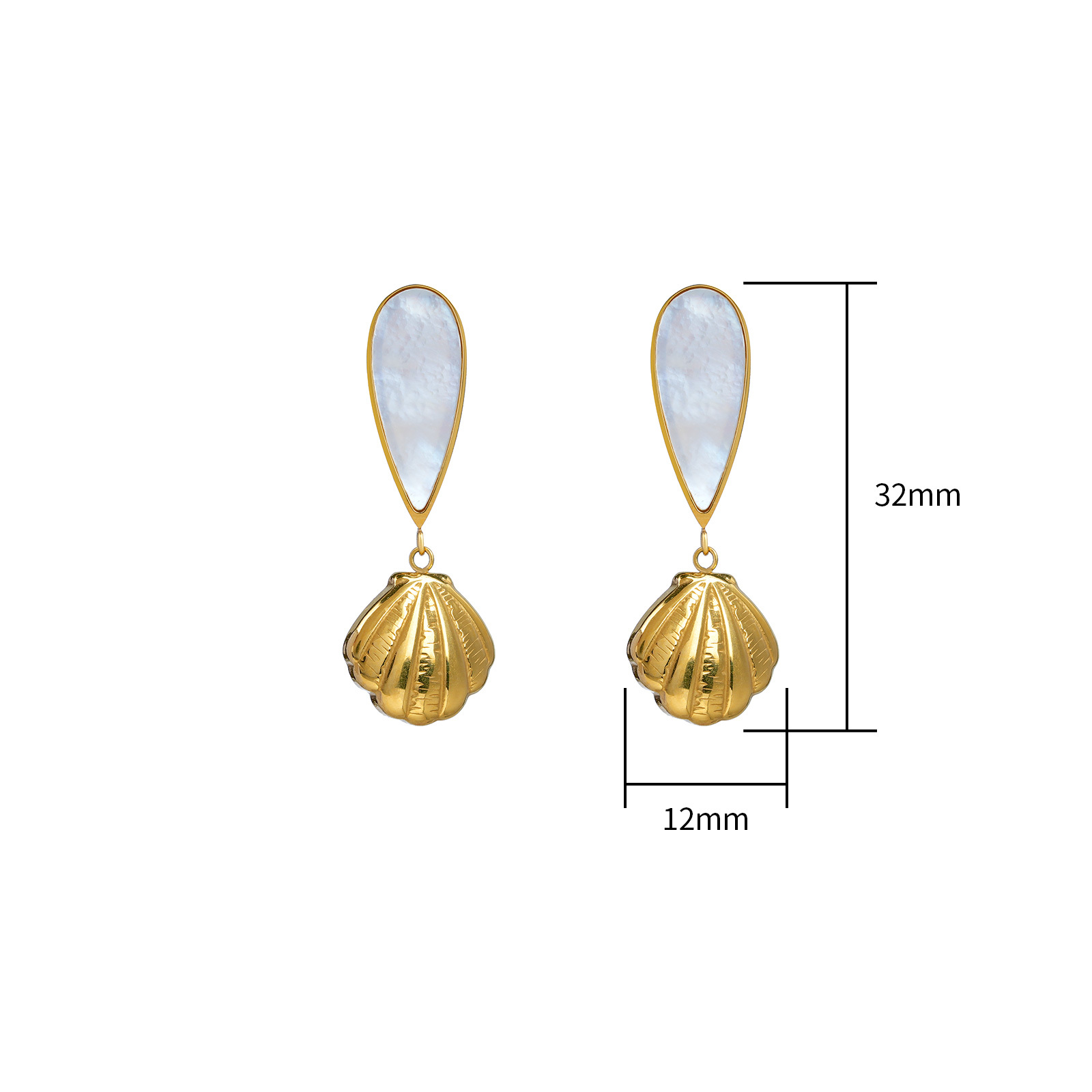 Gold Plated Stainless Steel Seashell Drop Earrings with Abalone or White Shell