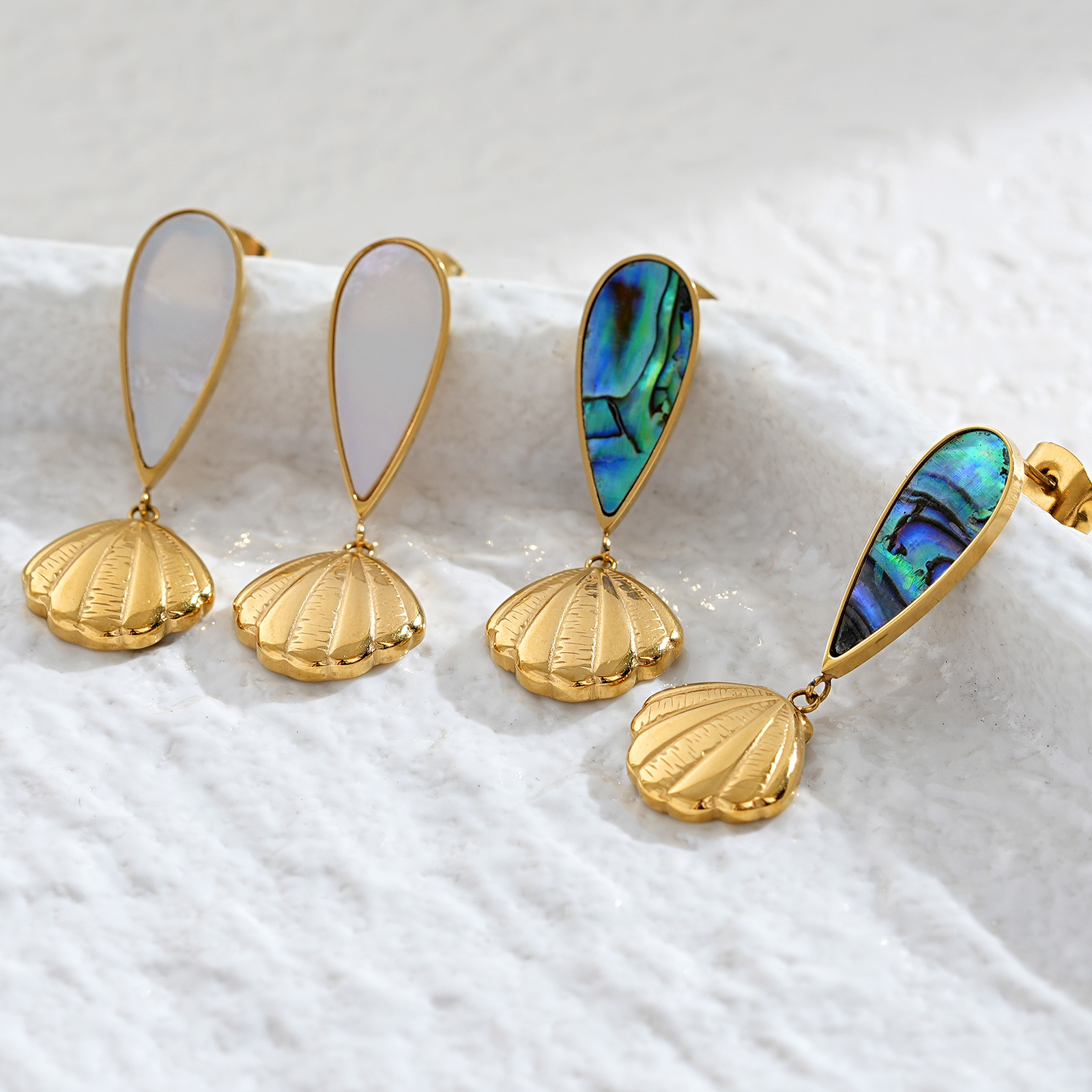 Gold Plated Stainless Steel Seashell Drop Earrings with Abalone or White Shell
