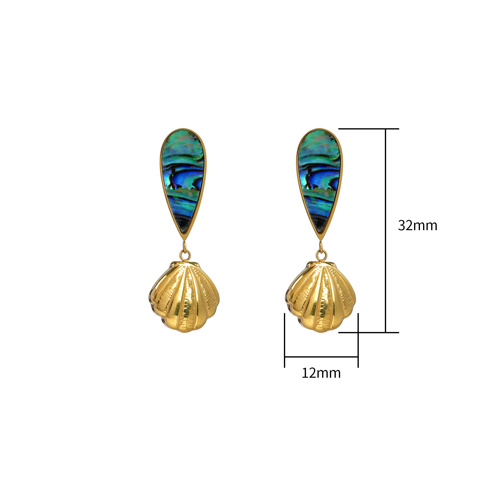 Gold Plated Stainless Steel Seashell Drop Earrings with Abalone or White Shell