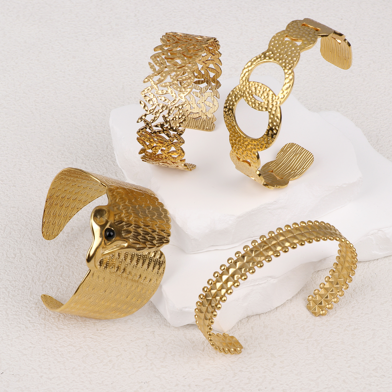 Nature Inspired Stainless Steel Gold Plated Bangle Bracelets
