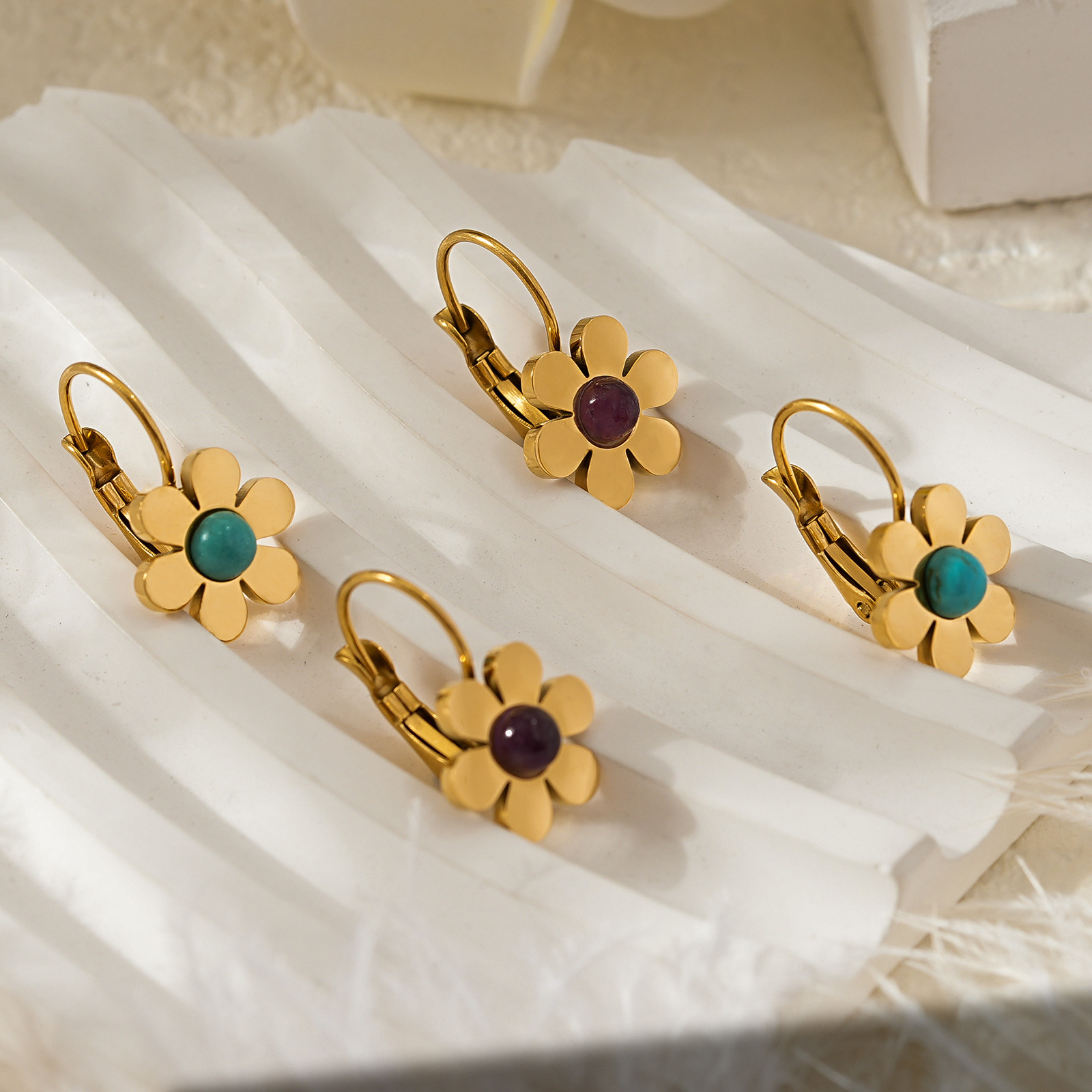 Delicate Gold Plated Natural Stone Floral Hoop Earrings