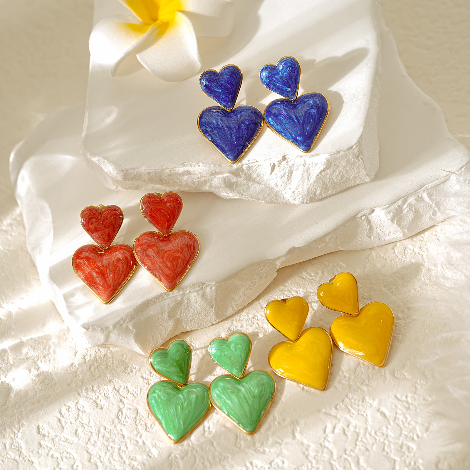 18K Gold Plated Stainless Steel Double Heart Enamel Stud Earrings