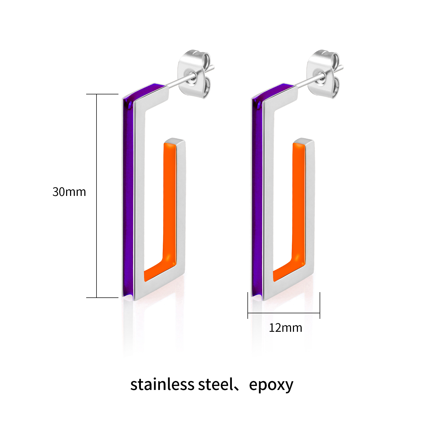 Minimalist Hollow Cuboid Stainless Steel Two Tone Enamel Stud Earrings
