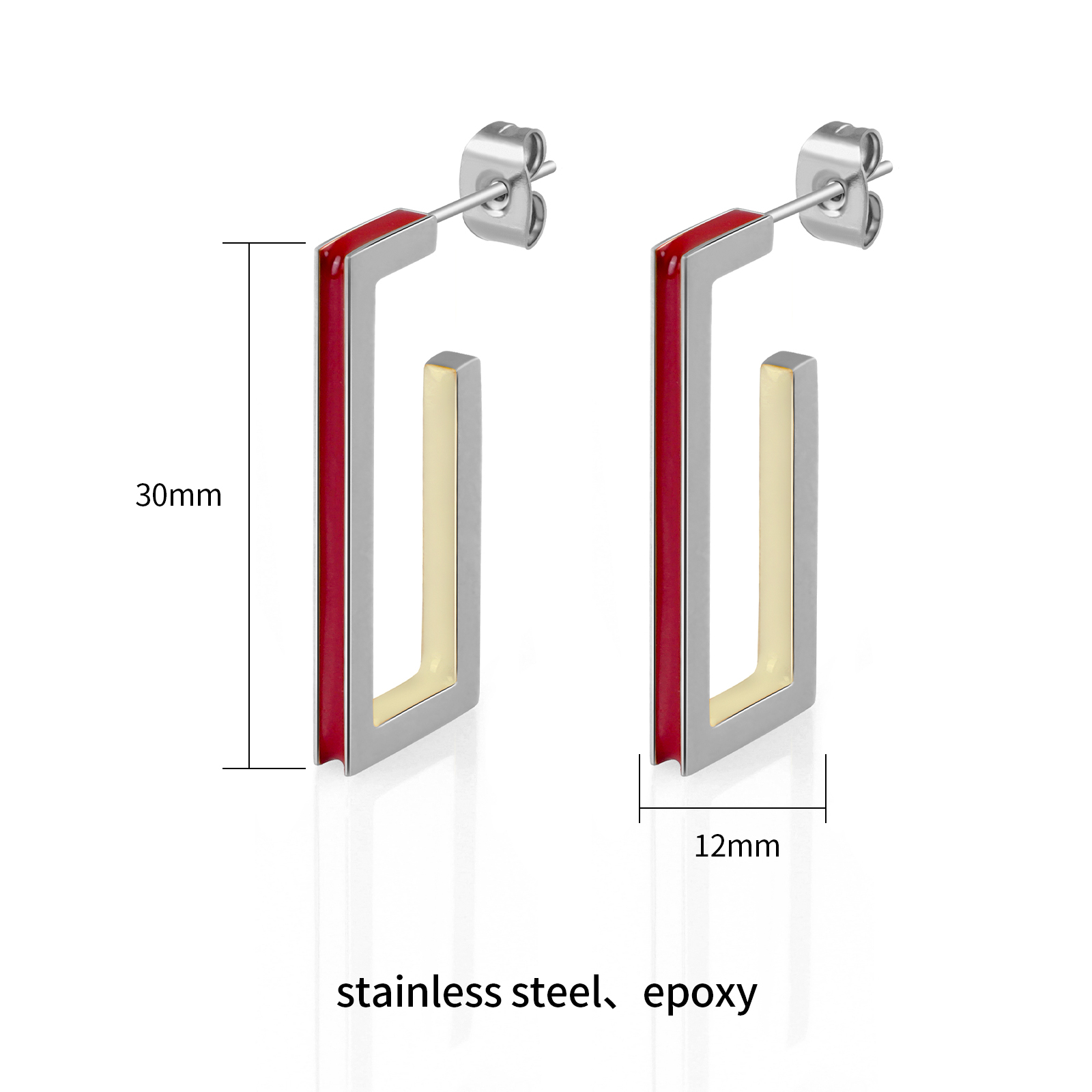 Minimalist Hollow Cuboid Stainless Steel Two Tone Enamel Stud Earrings