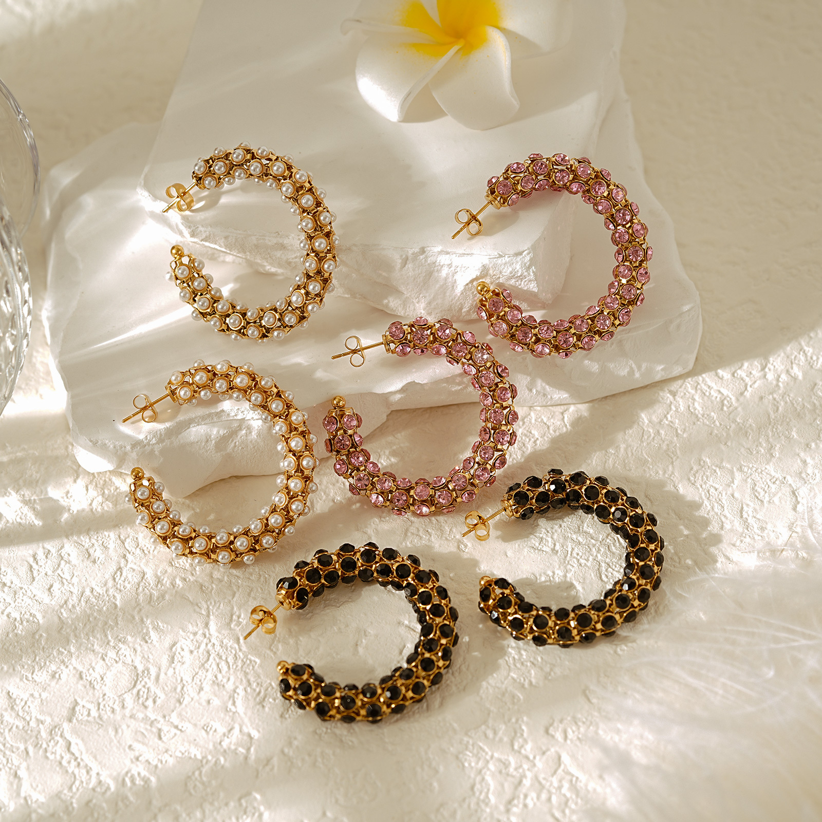 Pave Diamond Hoop Earrings Accented with Cubic Zirconia or Pearl
