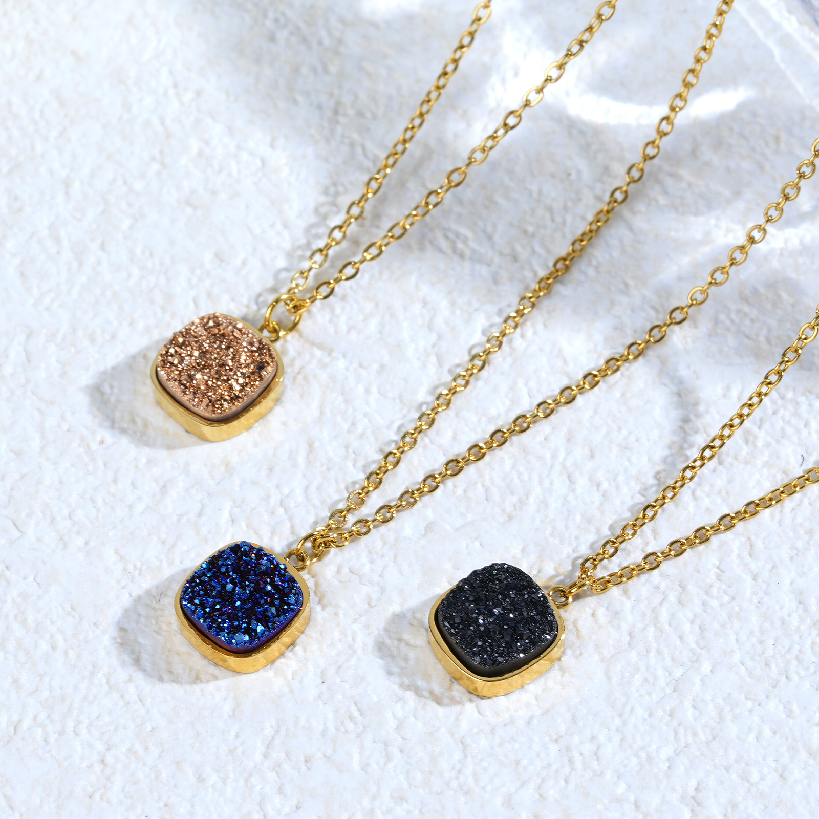 Sparkling 18K Stainless Steel Druzy Quartz Pendant Necklace