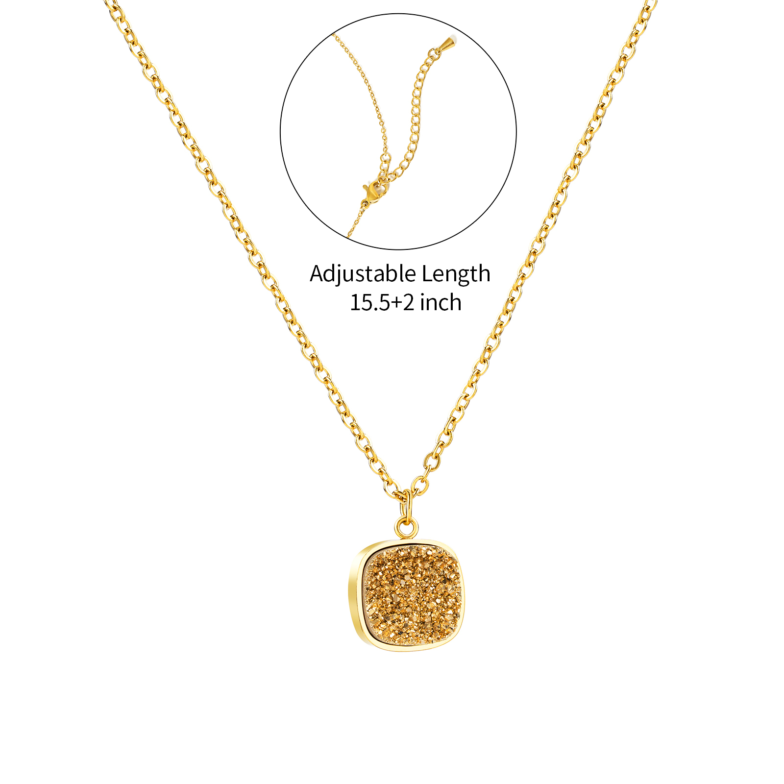 Sparkling 18K Stainless Steel Druzy Quartz Pendant Necklace