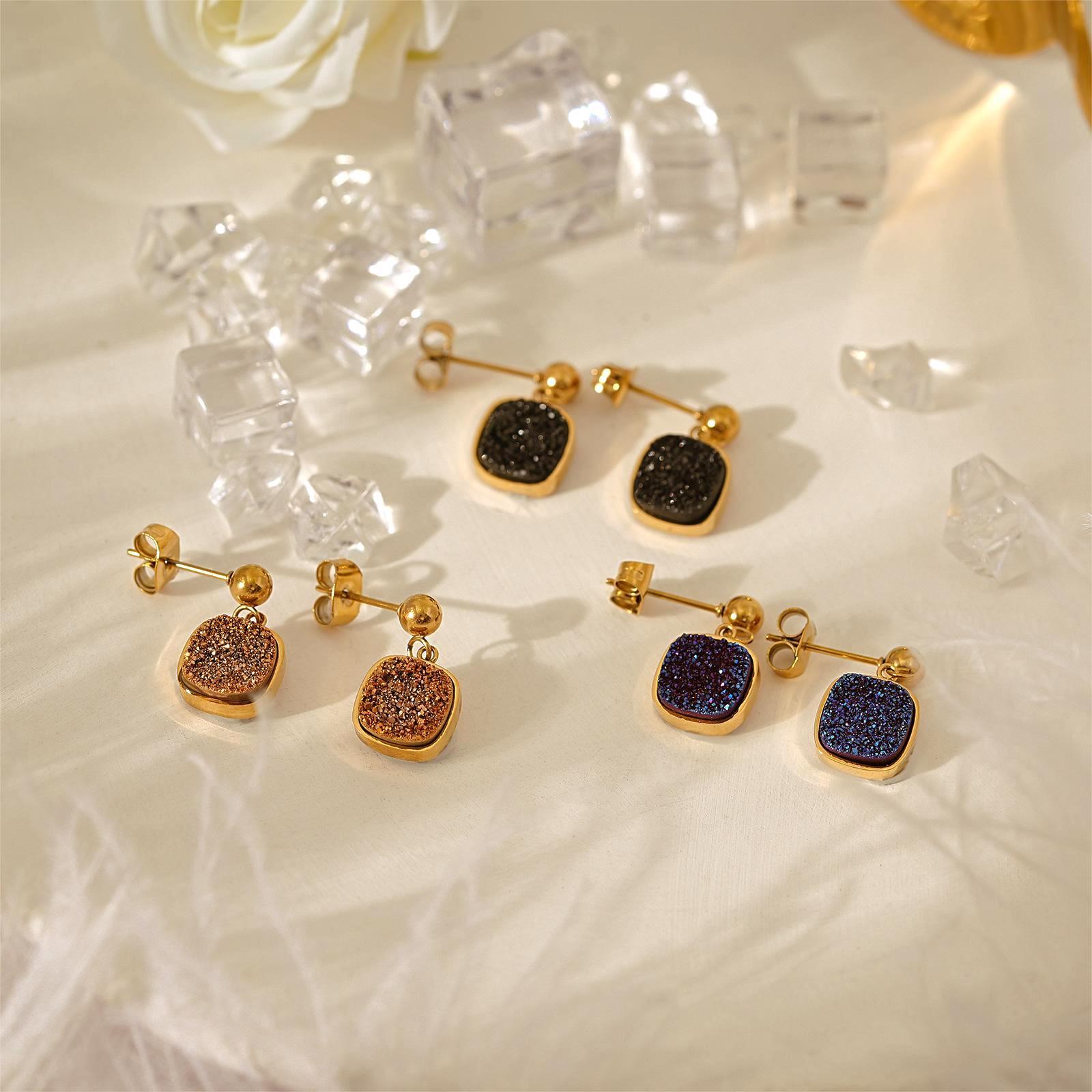 Sparkling Gold Plated Stainless Steel Druzy Quartz Earrings