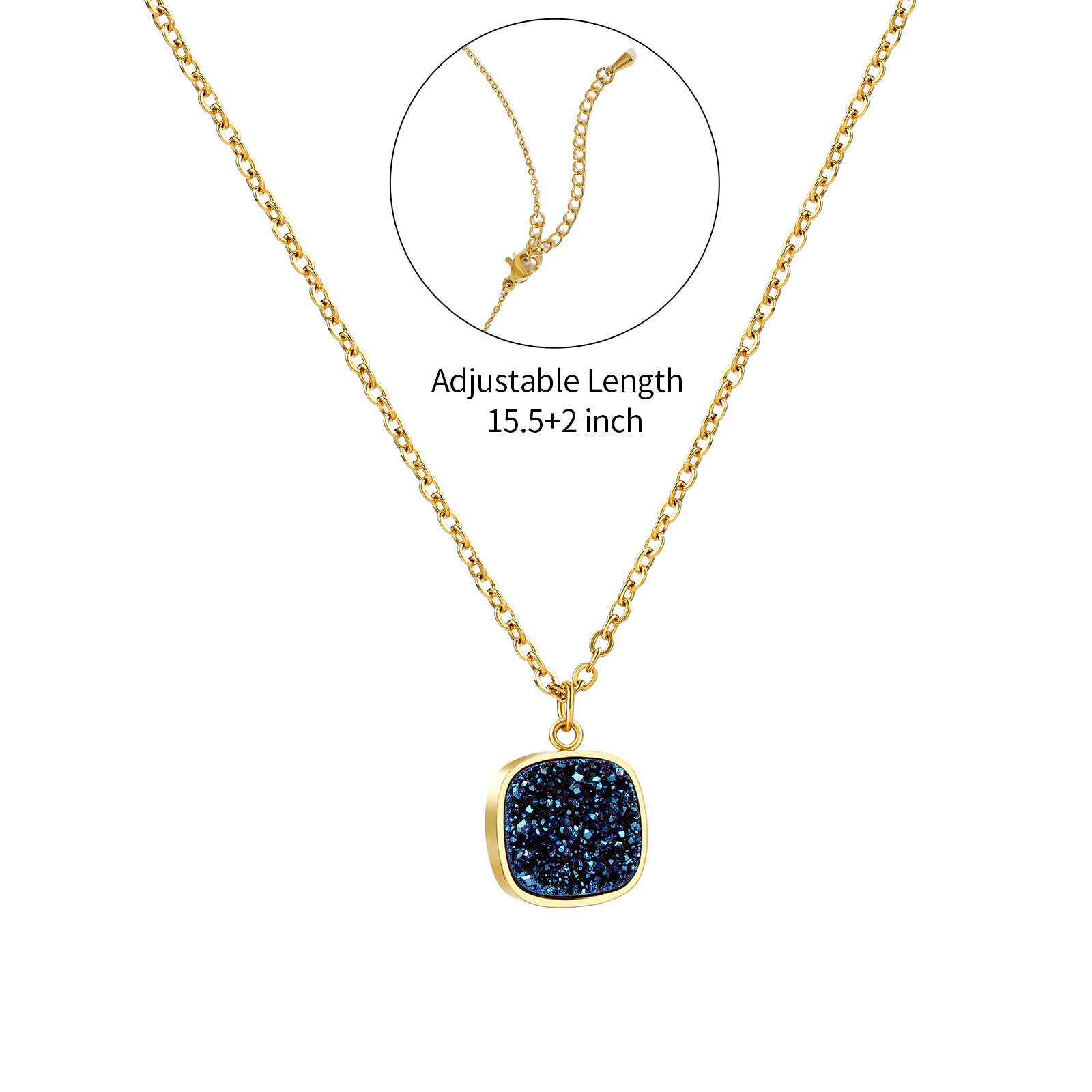 Sparkling 18K Stainless Steel Druzy Quartz Pendant Necklace
