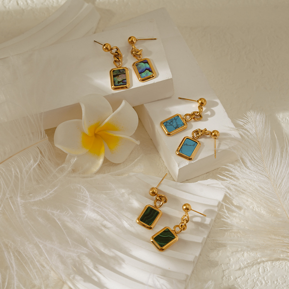 Gold Plated Stainless Steel Chain Design Earrings with Natural Stone or Shell