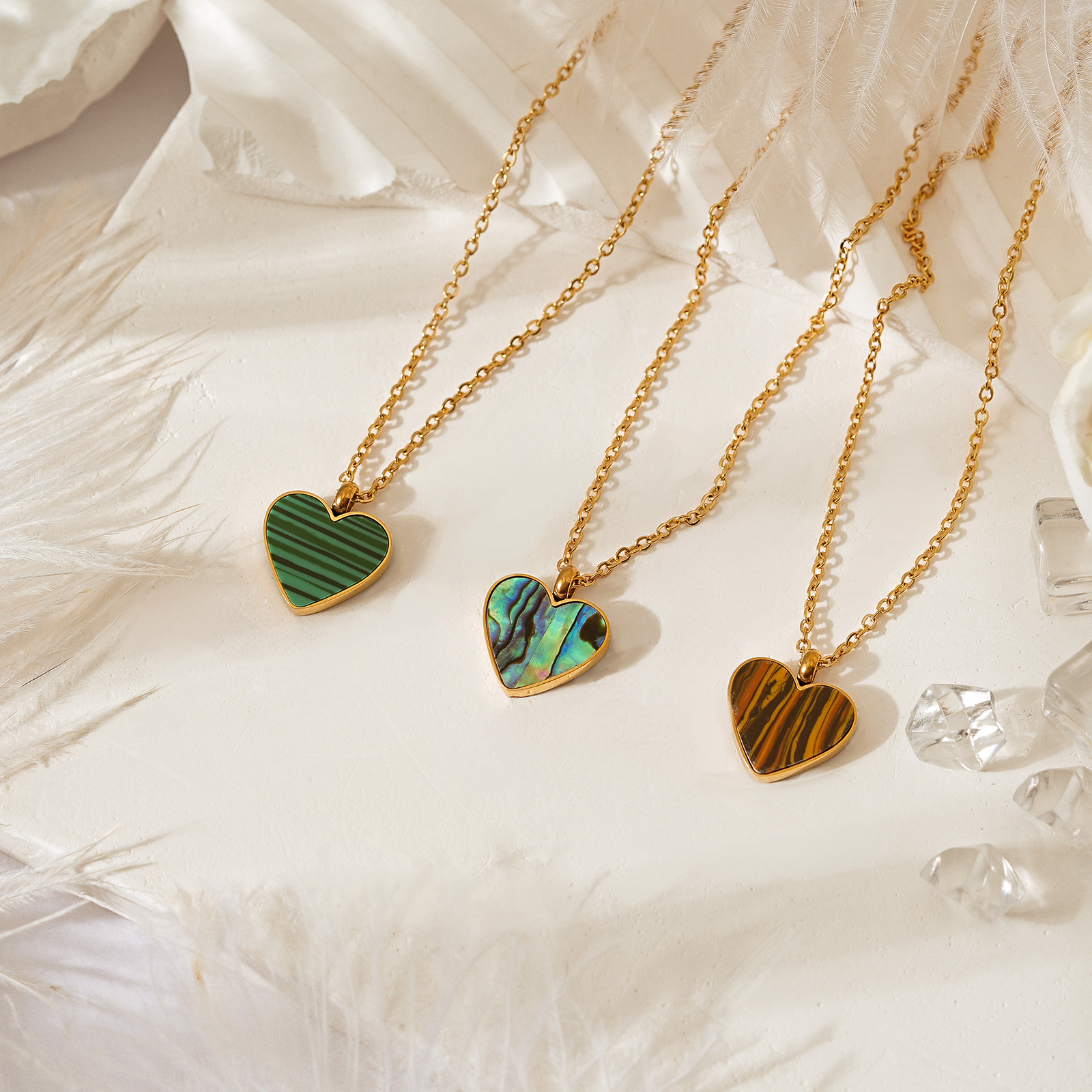 Stainless Steel Heart Shape Pendant Necklace Accented Natural Stone or Shell