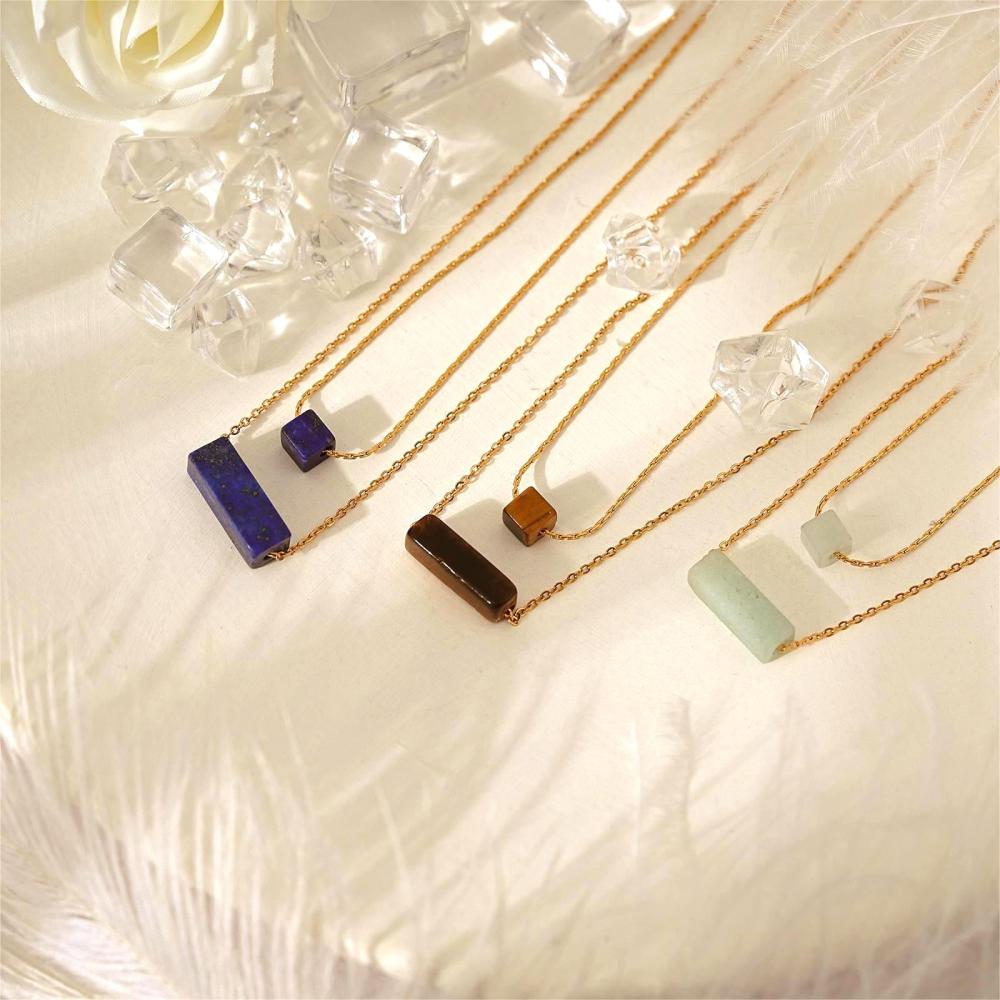 Elegant Natural Stone Double Layer Gold Necklace in Stainless Steel