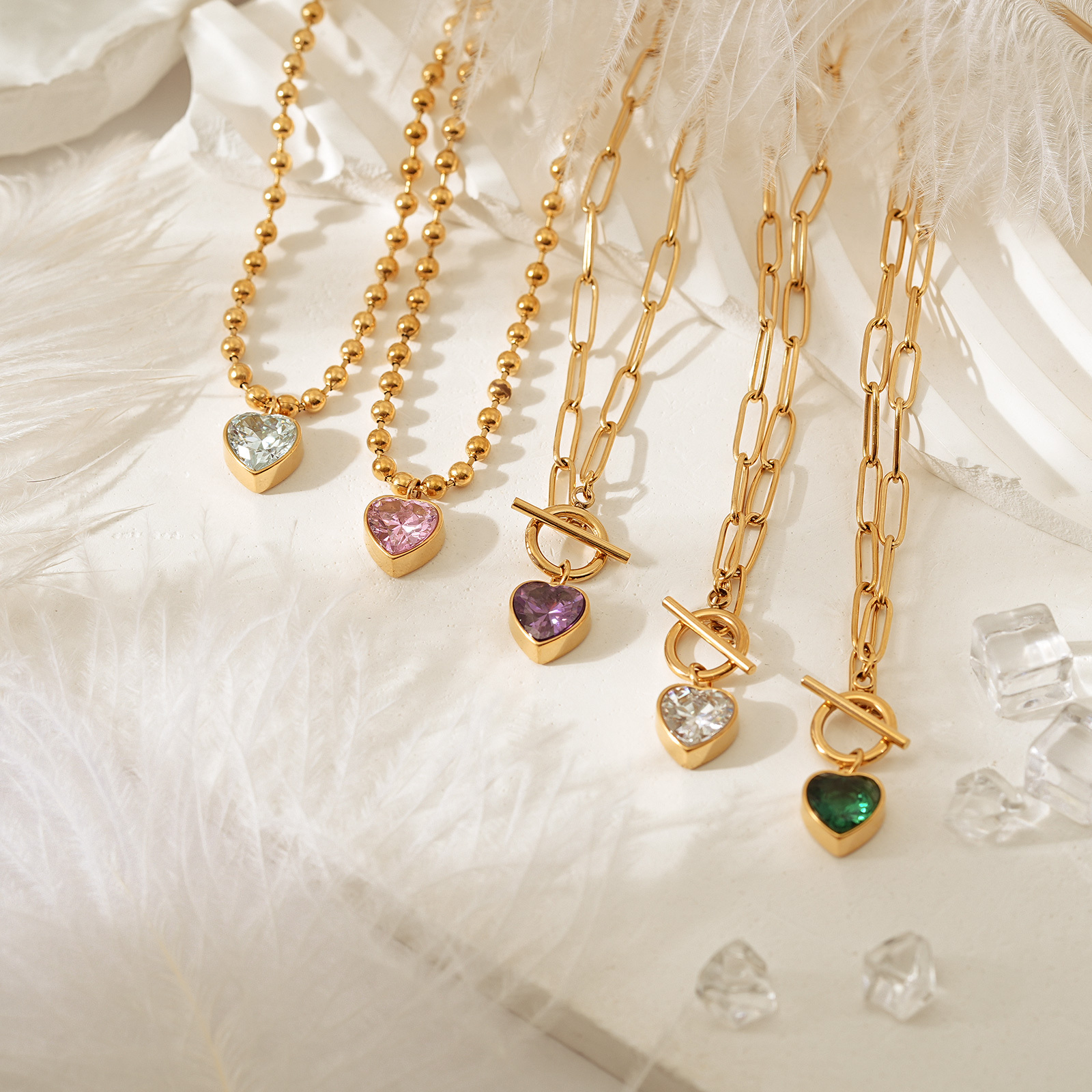 Gold Plated Heart Shape Cubic Zirconia Pendant Necklace wth Different Chain