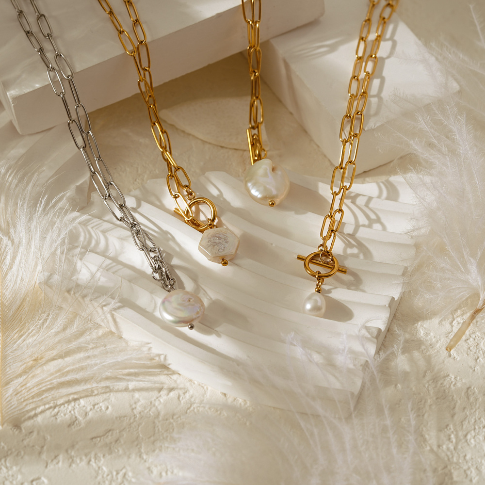 Timeless Elegant Stainless Steel Baroque Pearl Pendant Necklace
