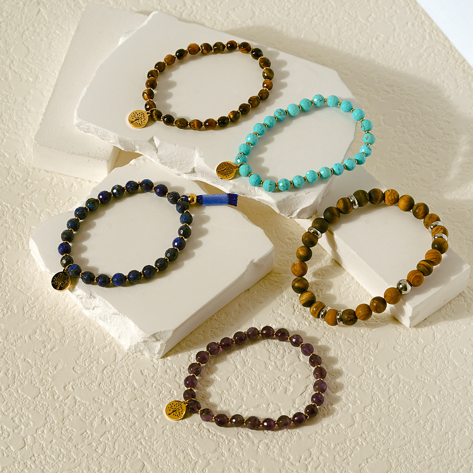 Natural Stone Bead Bracelet with Stainless Steel Pendant