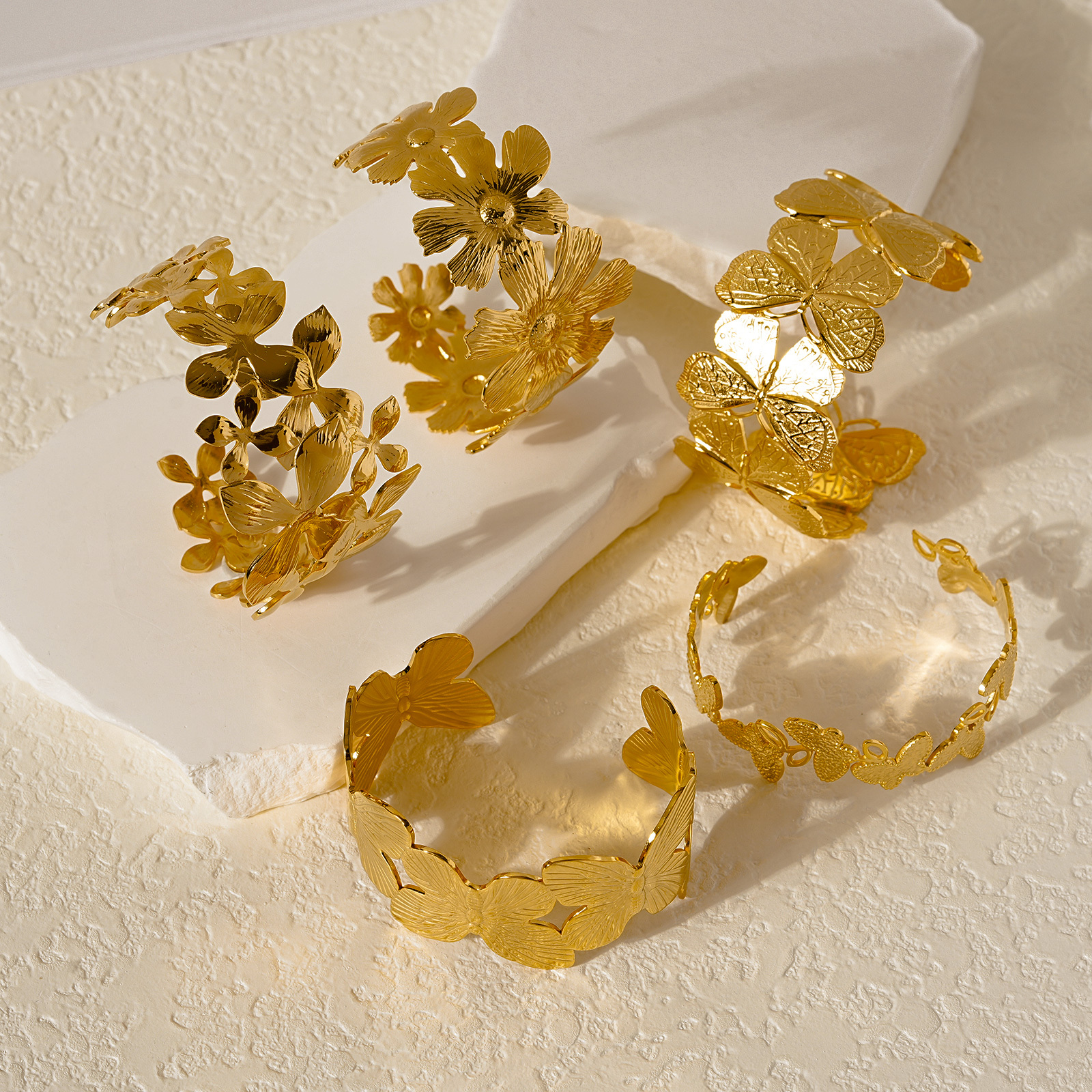 Nature Inspired Gold Plated Cuff Bracelet in Stainless Steel