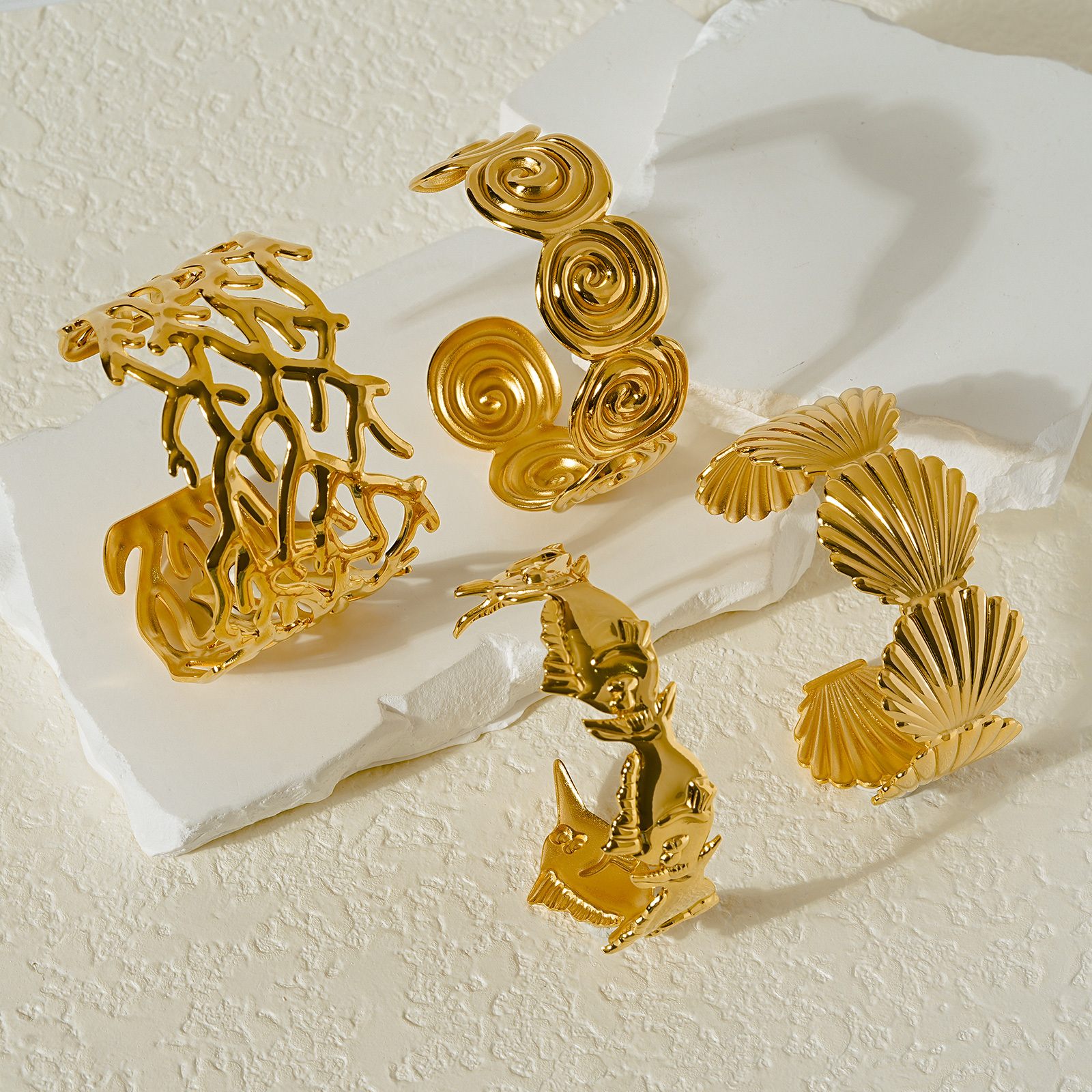Gold Plated Coral Seashell & Fish Cuff Bracelets Inspired by Marine Life