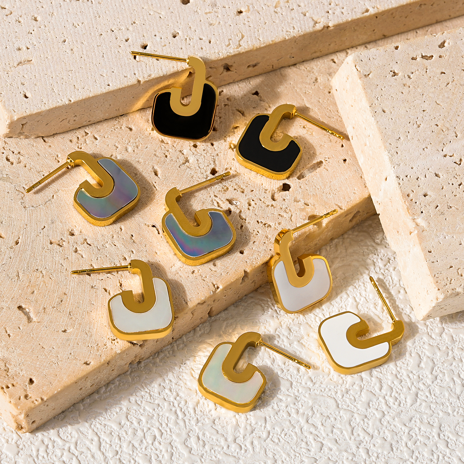 Irregular Square Stud Earrings Accented With Shell Or Epoxy