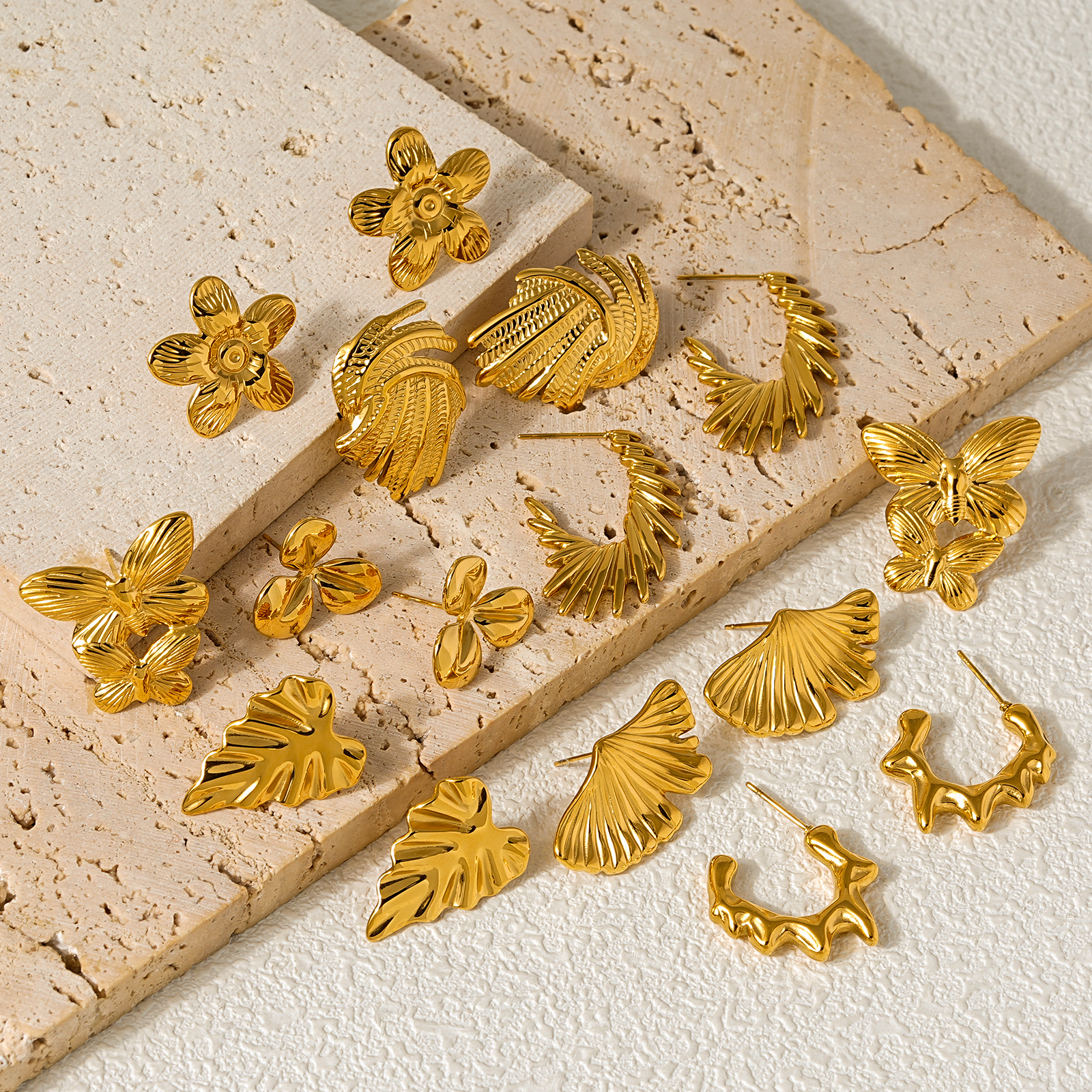 18K Gold Plated Stainless Steel Earrings Collection Unique Textured Designs