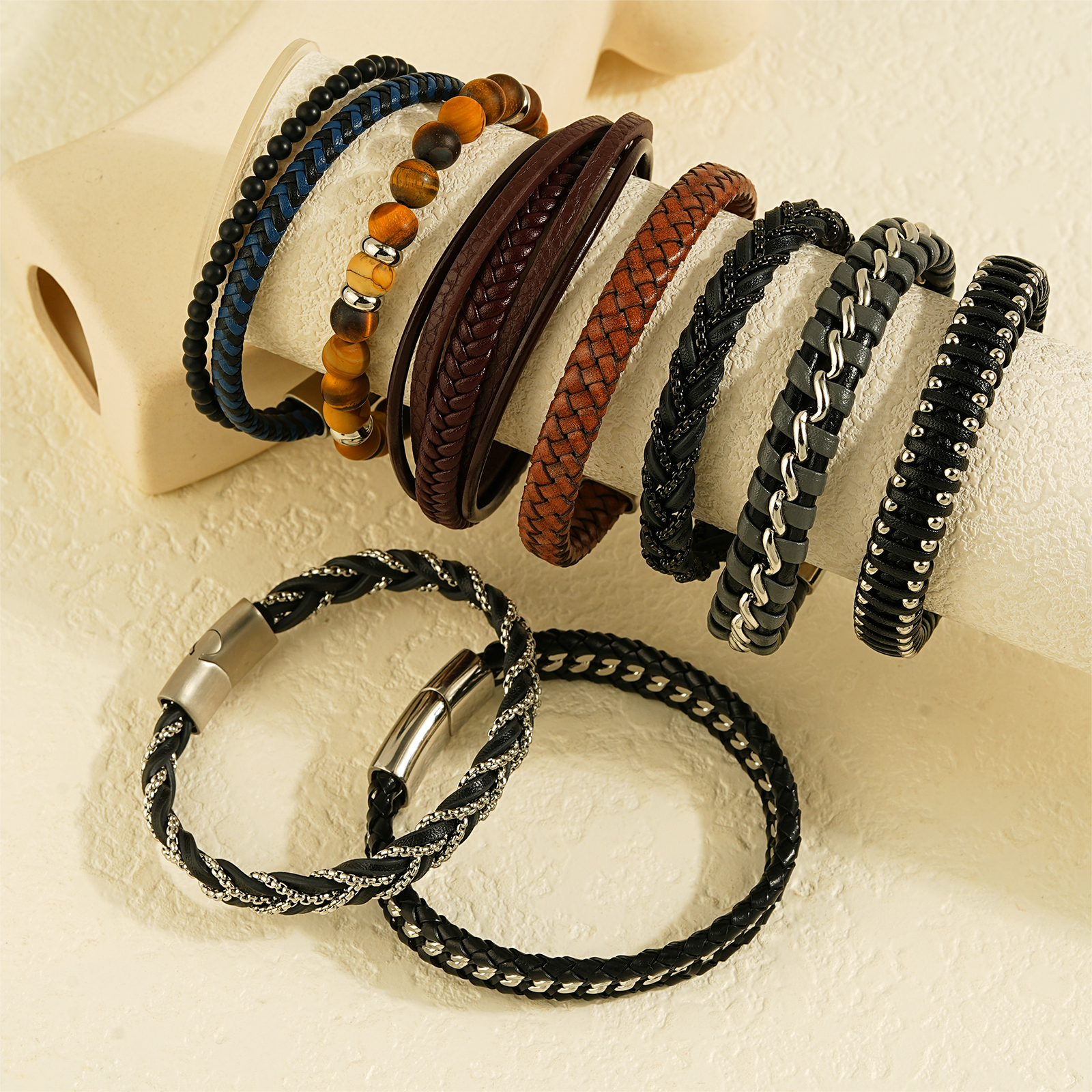 Mens Braided Leather Bracelet with Stainless Steel Clasp