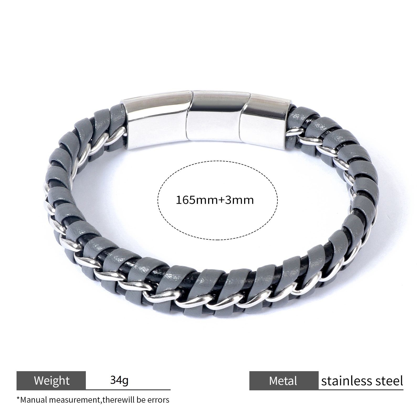 Mens Braided Leather Bracelet with Stainless Steel Clasp