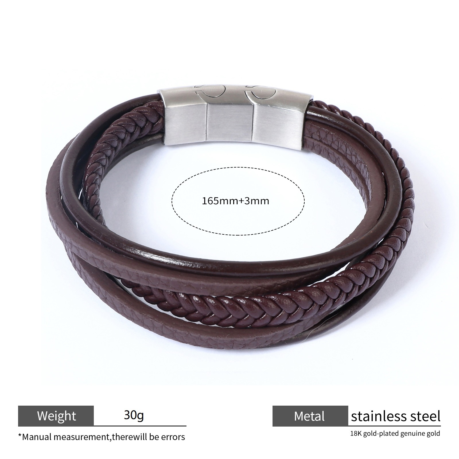 Mens Braided Leather Bracelet with Stainless Steel Clasp