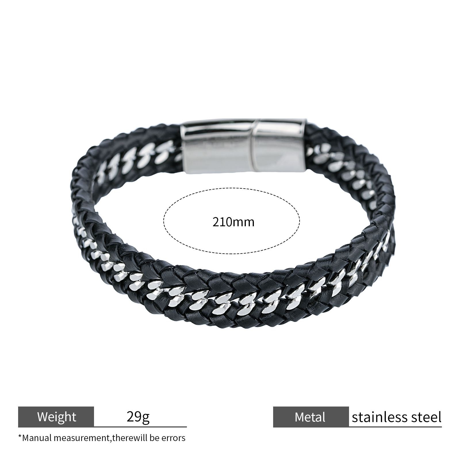 Mens Braided Leather Bracelet with Stainless Steel Clasp