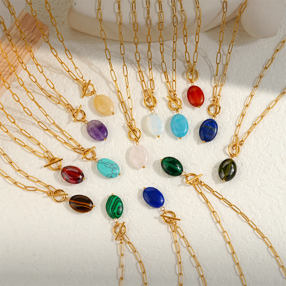 Oval Colorful Stainless Steel Natural Stone Necklace with Toggle Clasp