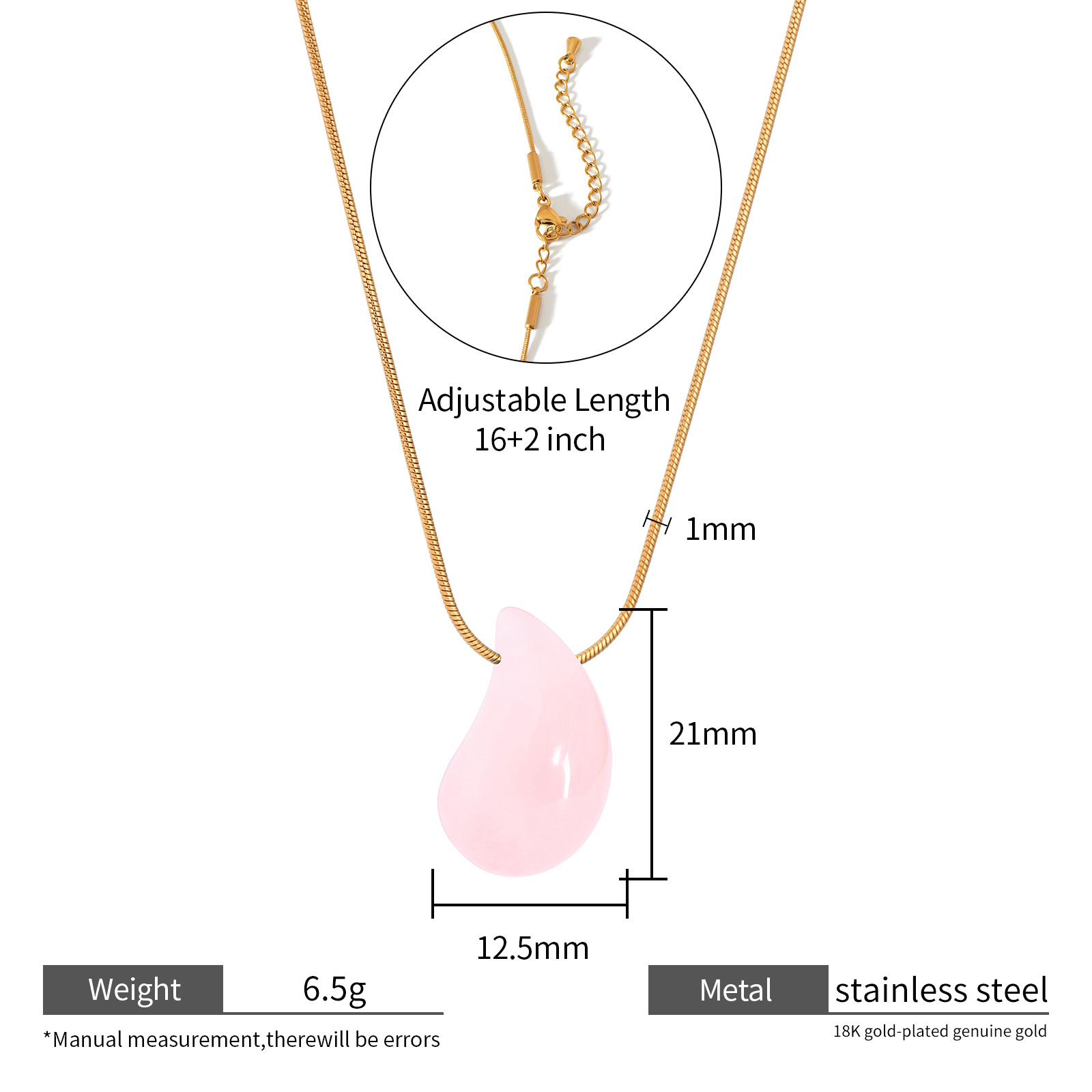 Large Natural Stone Water Drop Pendant Necklace in Stainless Steel