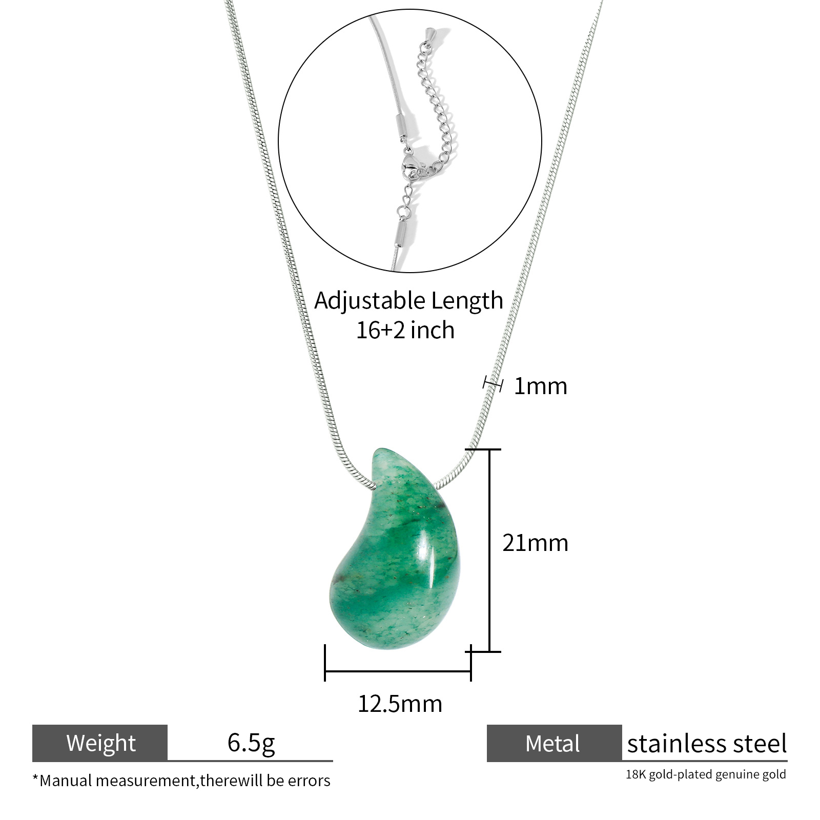 Large Natural Stone Water Drop Pendant Necklace in Stainless Steel