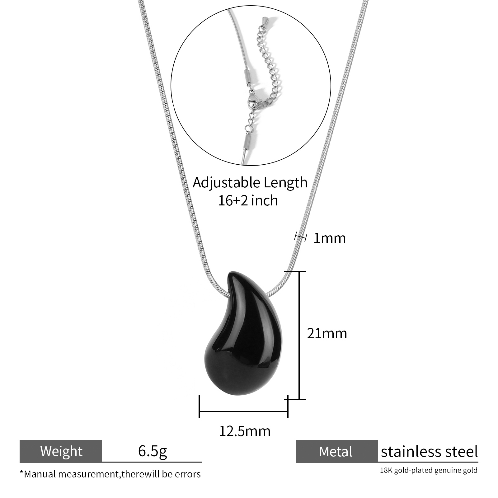 Large Natural Stone Water Drop Pendant Necklace in Stainless Steel