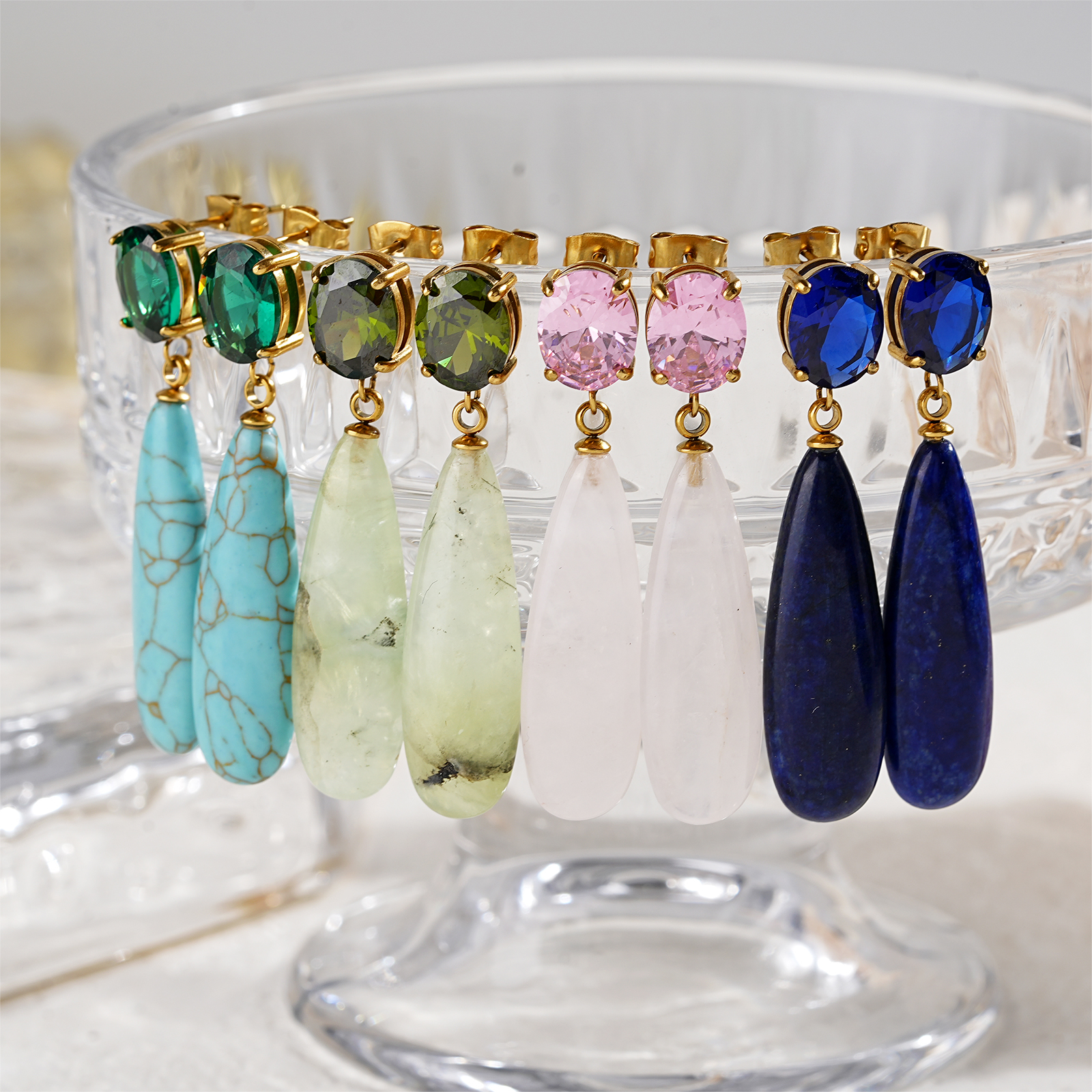 Bold Multi Color Cubic Zirconia Natural Stone Teardrop Dangle Earrings