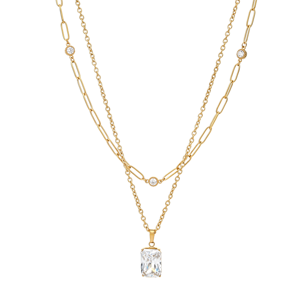 Double Layer Cubic Zirconia Pendant with OT Buckle Necklace Collection