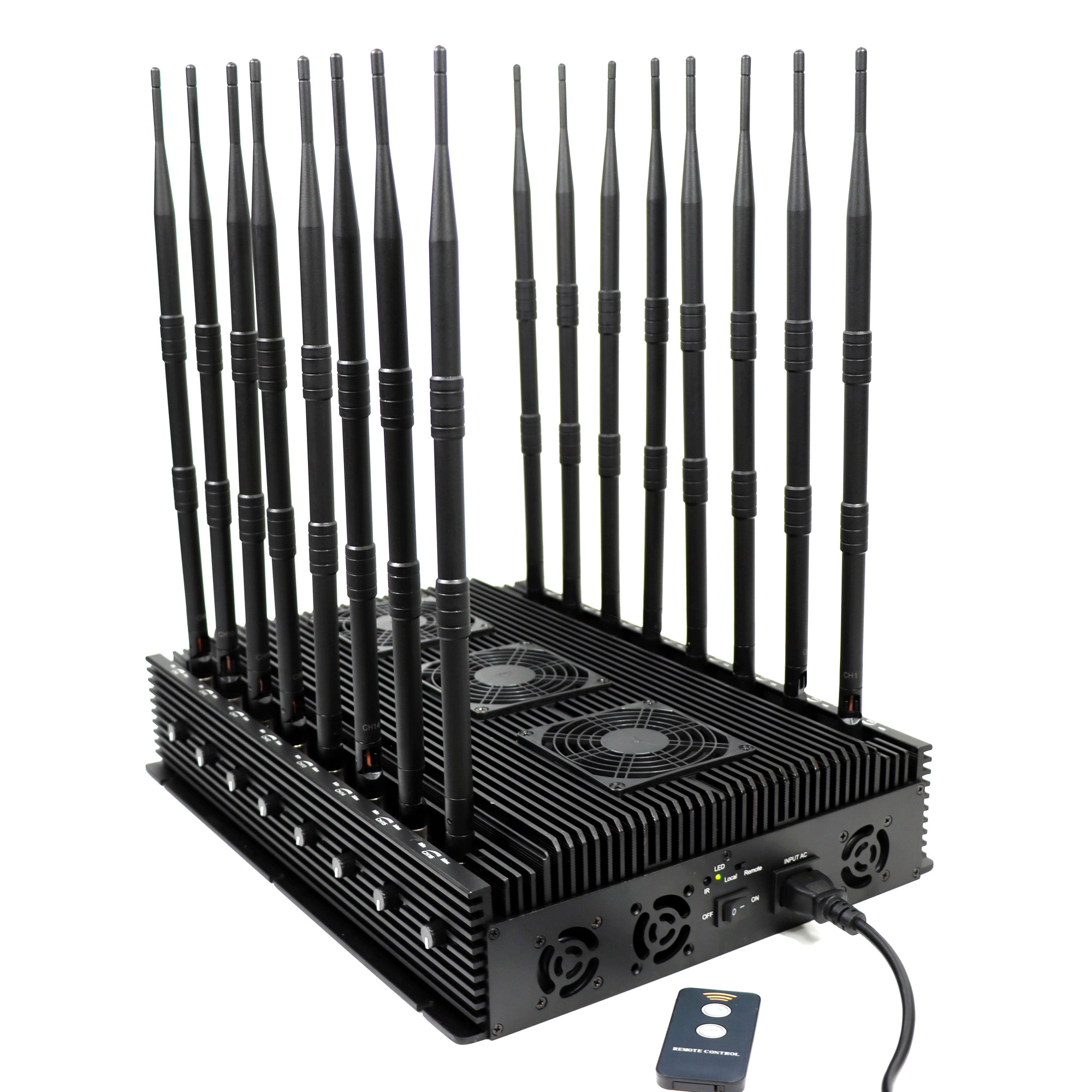 Cellphone 5G/4G/3G/2G WIFI GPS LOJACK LORA UHF VHF signal jammer with 16 Antennas adjustable 110W output power jamming up to 80m